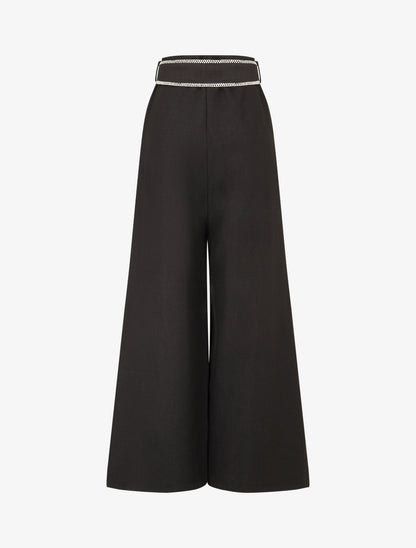 Pantalon ample taille haute à ceinture fantaisie - Noir - 2
