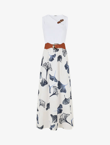 Robe longue imprimé végétal et col à sangle - Marine - 1