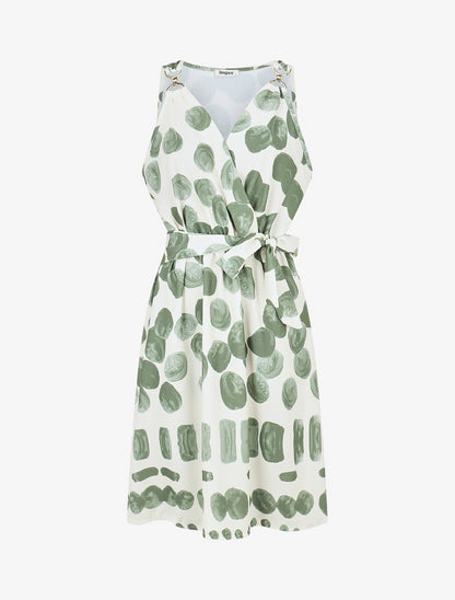 Robe mi-longue imprimé pois fantaisie et bretelles bijou - Kaki - 1