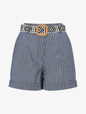 Short rayé ceinturé à revers - Bleu - 1