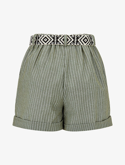 Short rayé ceinturé à revers - Kaki - 2