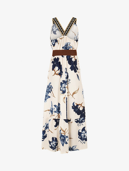 Robe longue élastiquée imprimé fleuri - Marine - 2