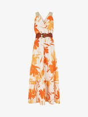 Robe longue élastiquée imprimé abstrait - Orange - 1