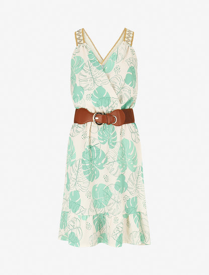 Robe mi-longue élastiquée imprimé feuilles - Vert menthe - 1