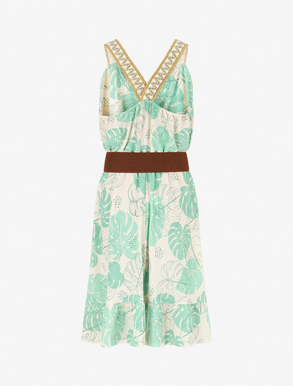 Robe mi-longue élastiquée imprimé feuilles - Vert menthe - 2