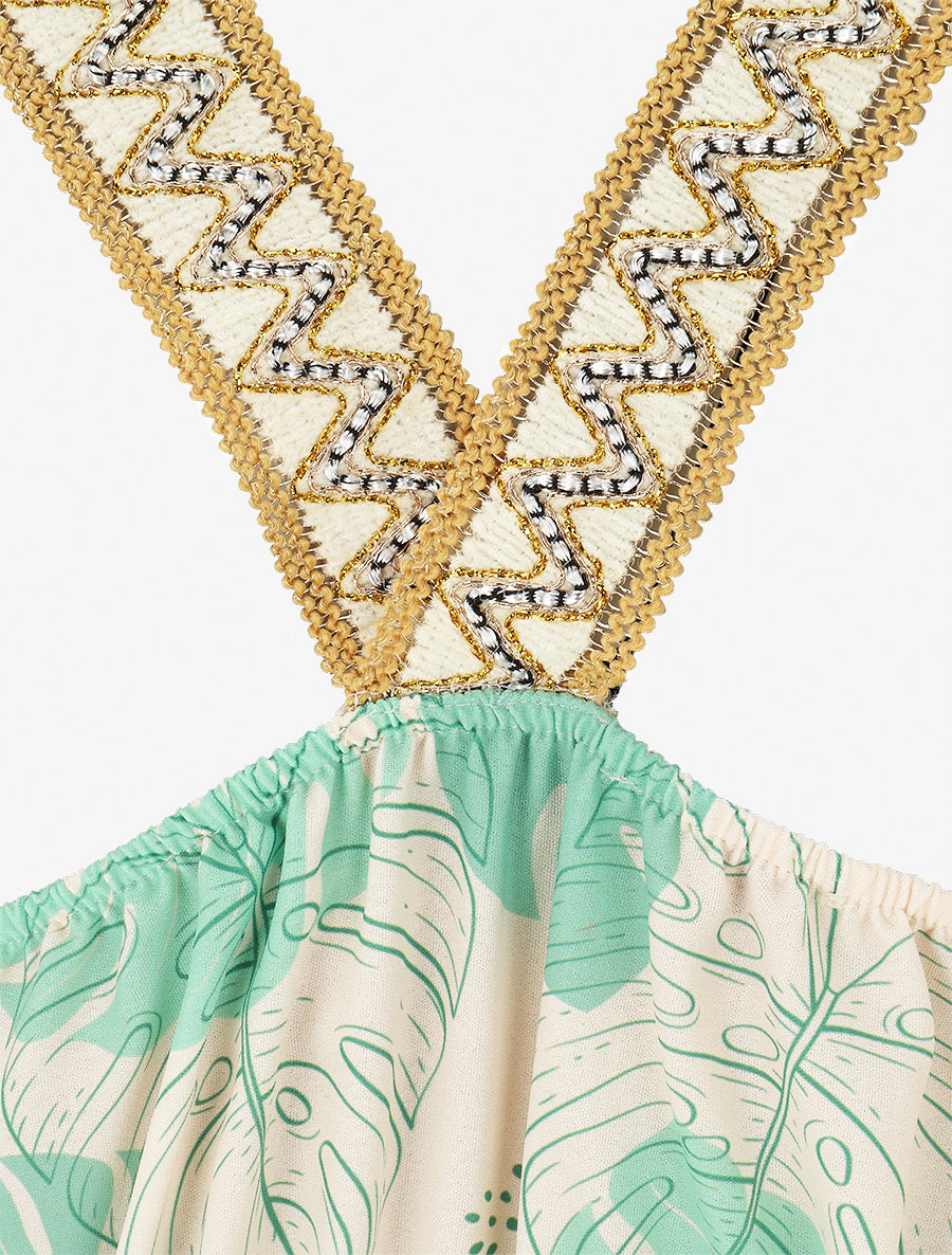 Robe mi-longue élastiquée imprimé feuilles - Vert menthe - 3