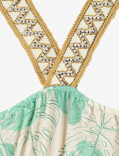 Robe mi-longue élastiquée imprimé feuilles - Vert menthe - 3