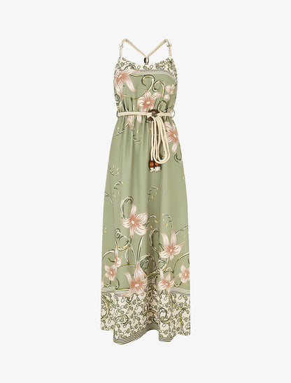 Robe longue imprimé floral à bretelles en corde - Vert olive - 1