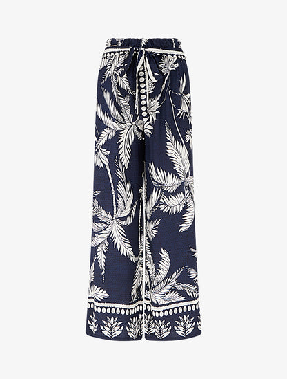 Pantalon élastiqué coupe droite imprimé tropical - Marine - 1