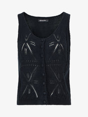 Top boutonné en maille ajourée - Noir - 1