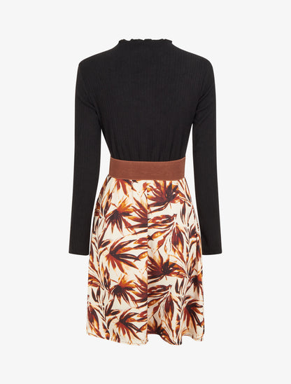Robe évasée bi-matière imprimé feuilles - Marron - 2