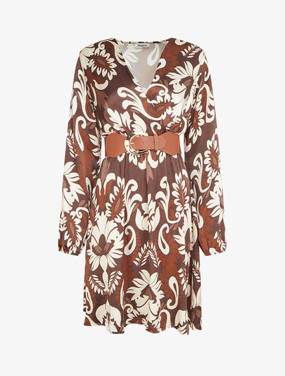 Robe évasée satinée imprimé arabesque - Marron - 1