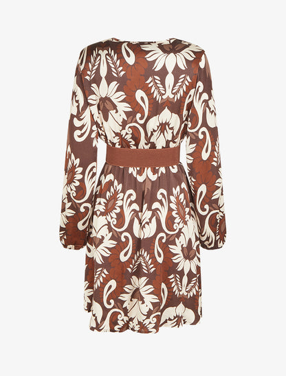Robe évasée satinée imprimé arabesque - Marron - 2