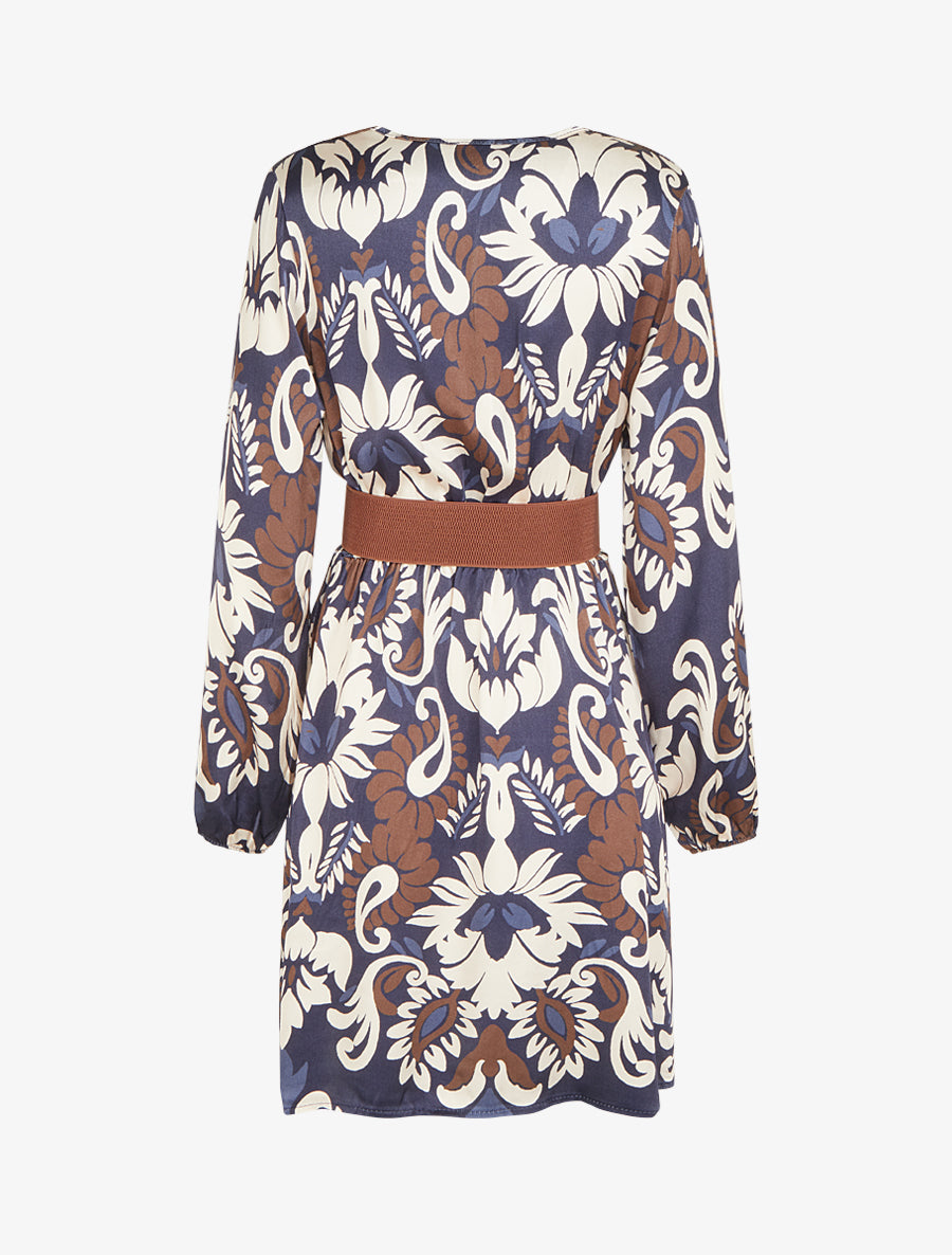 Robe évasée satinée imprimé arabesque - Marine - 2