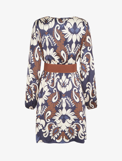 Robe évasée satinée imprimé arabesque - Marine - 2