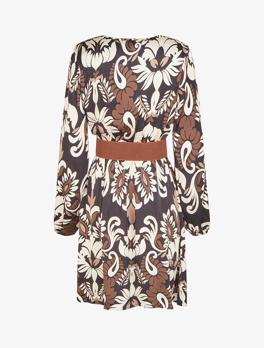 Robe évasée satinée imprimé arabesque - Noir - 2
