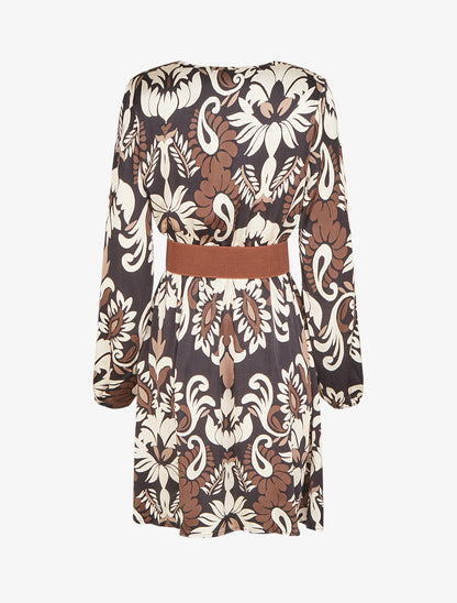 Robe évasée satinée imprimé arabesque - Noir - 2