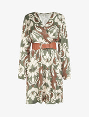 Robe évasée satinée imprimé arabesque - Kaki - 1