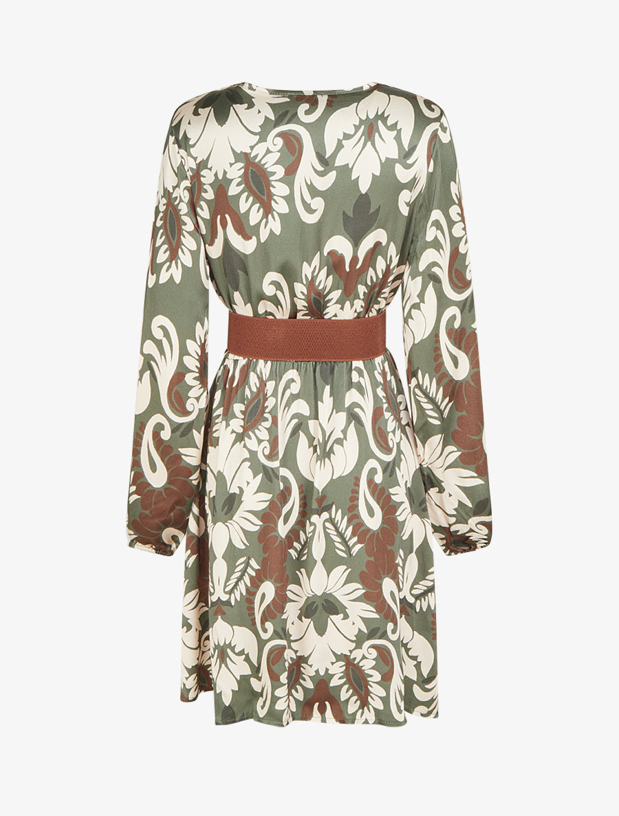 Robe évasée satinée imprimé arabesque - Kaki - 2