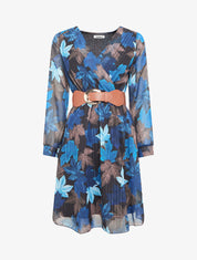 Robe mi-longue évasée imprimé feuilles - Marine - 1