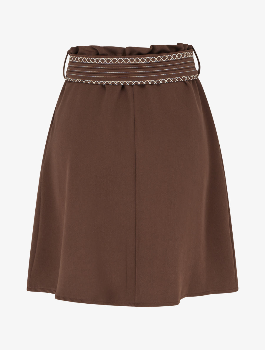 Jupe courte patineuse ceinturée - Marron - 2