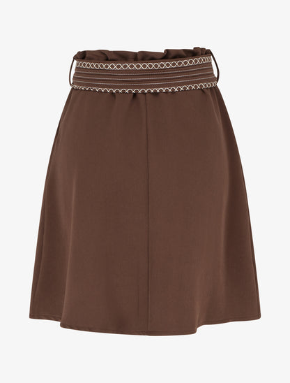 Jupe courte patineuse ceinturée - Marron - 2