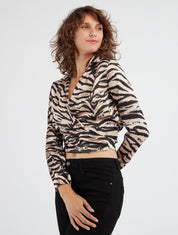 Geknotetes Satin-Crop-Top mit Tigerprint - Schwarz