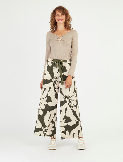 Pantalon ample et fluide imprimé grandes fleurs - Kaki - 8