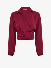Einfarbiges, satinartiges Wickel-Crop-Top - Bordeaux