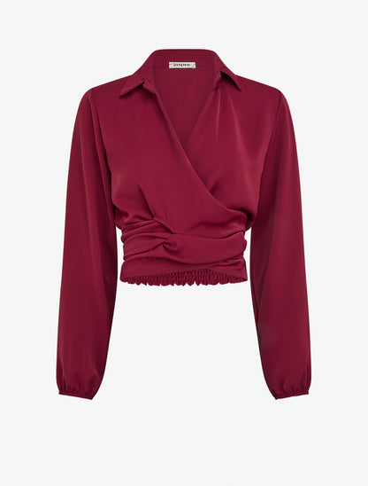 Einfarbiges, satinartiges Wickel-Crop-Top - Bordeaux