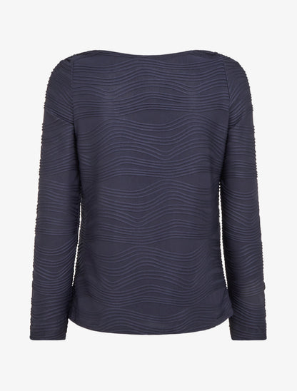 Top texturé à col bénitier et bijou - Marine - 2