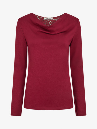 Pullover mit Wasserfallausschnitt und Rückseite aus Häkelspitze - Bordeaux