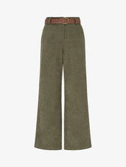 Pantalon ceinturé taille haute en velours côtelé - Kaki - 1