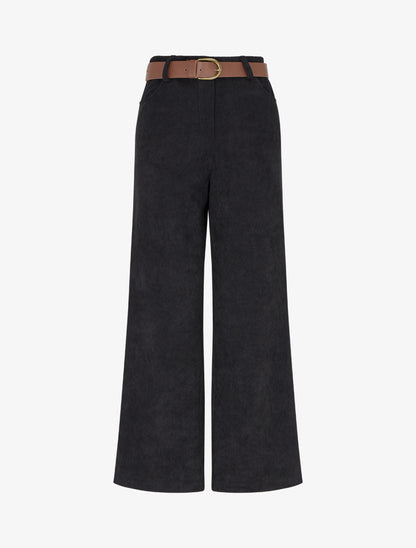 Pantalon ceinturé taille haute en velours côtelé - Noir - 1