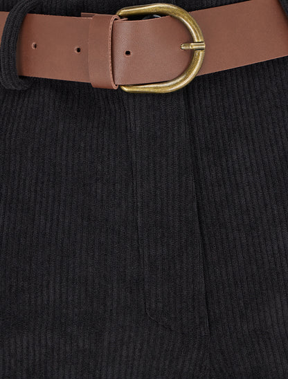 Pantalon ceinturé taille haute en velours côtelé - Noir - 3