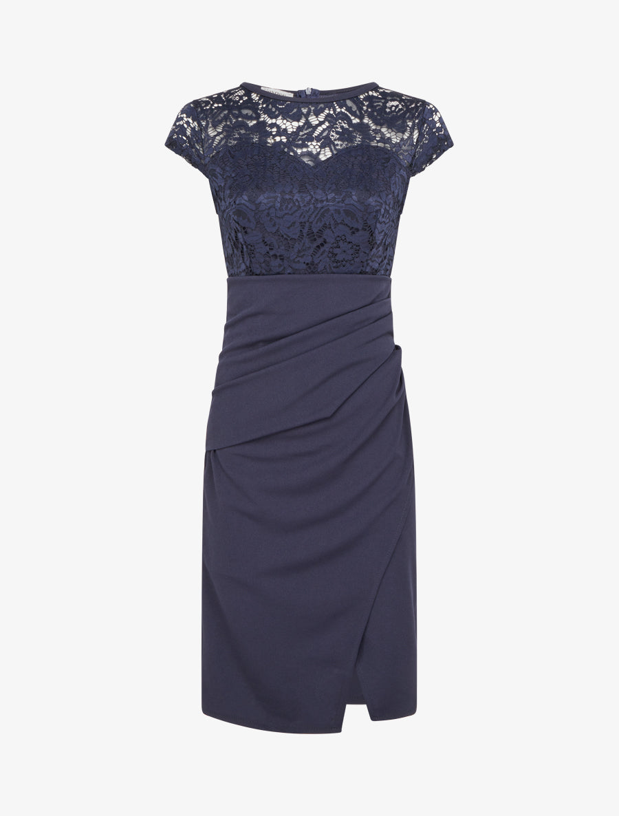 Robe droite à dentelle et drapé - Marine - 1