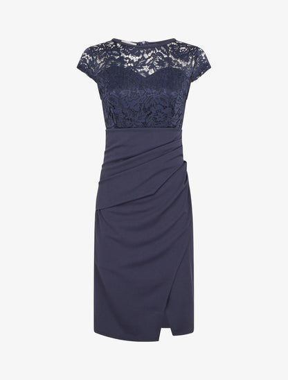 Robe droite à dentelle et drapé - Marine - 1