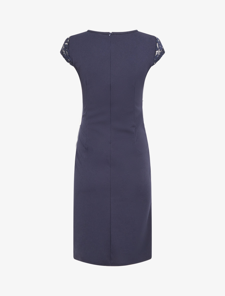 Robe droite à dentelle et drapé - Marine - 2