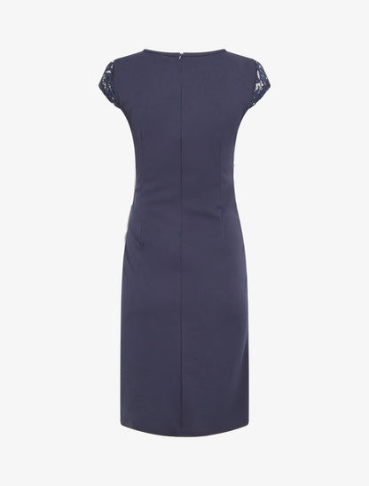 Robe droite à dentelle et drapé - Marine - 2