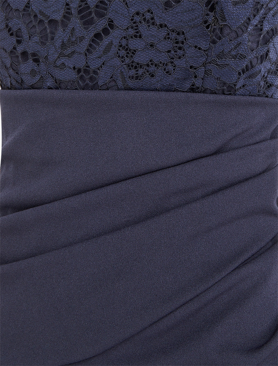 Robe droite à dentelle et drapé - Marine - 3