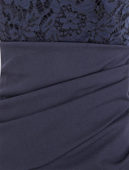 Robe droite à dentelle et drapé - Marine - 3