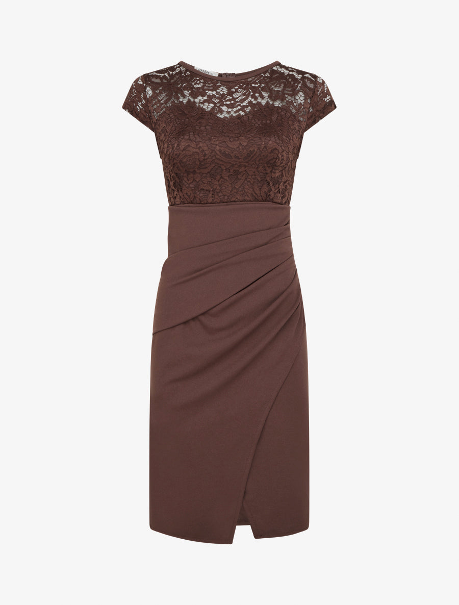 Robe droite à dentelle et drapé - Marron - 1