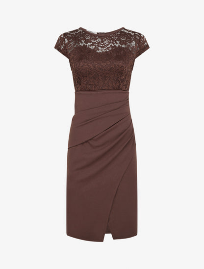 Robe droite à dentelle et drapé - Marron - 1