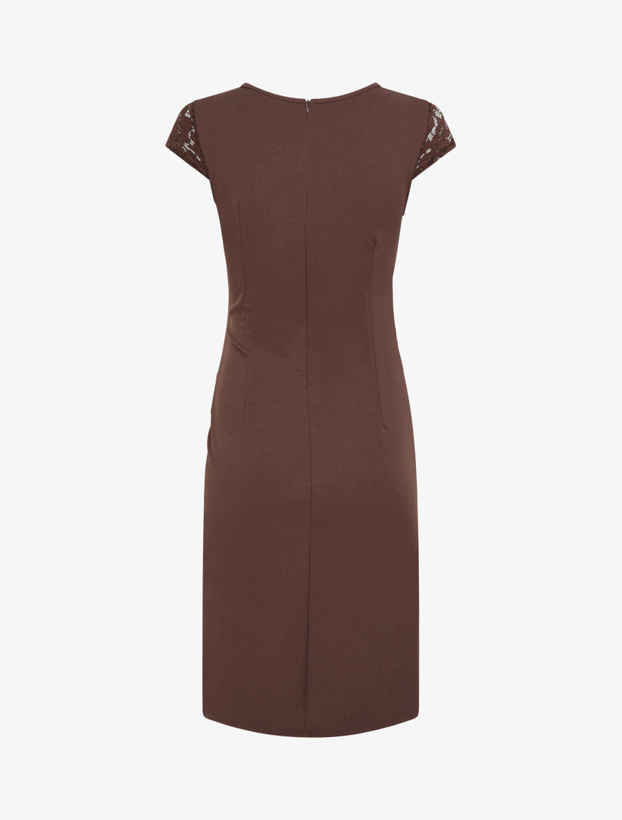 Robe droite à dentelle et drapé - Marron - 2