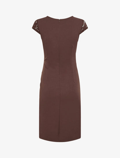 Robe droite à dentelle et drapé - Marron - 2