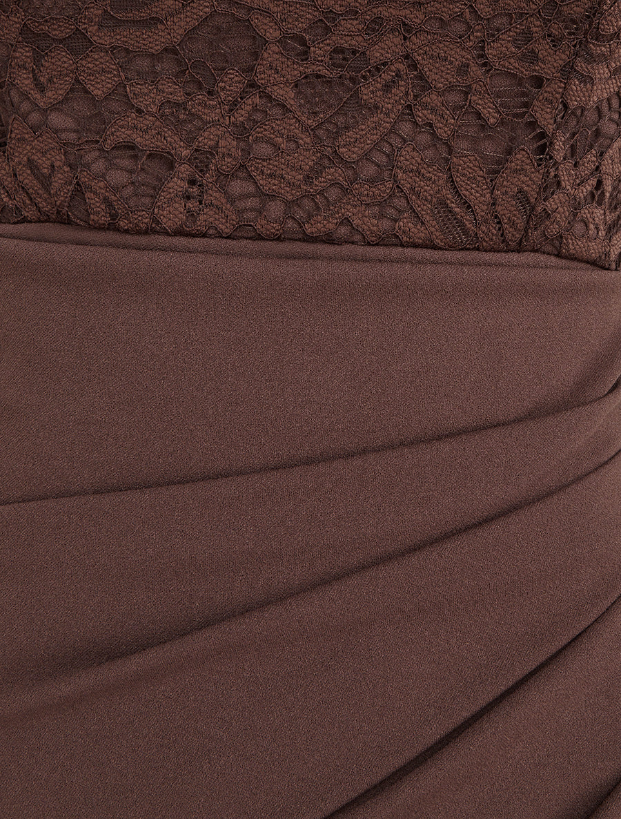 Robe droite à dentelle et drapé - Marron - 3