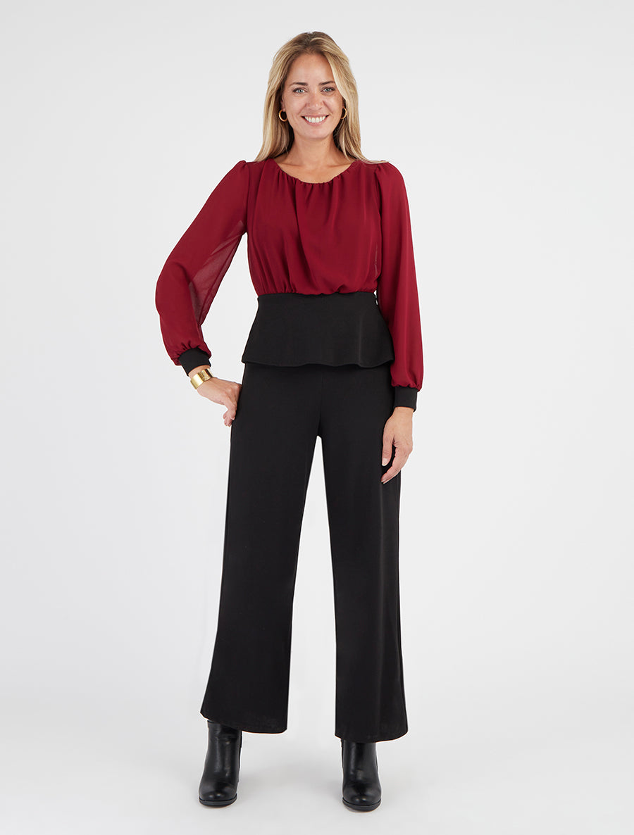 Gerades Peplum-Kleid mit langen Ärmeln - Bordeaux