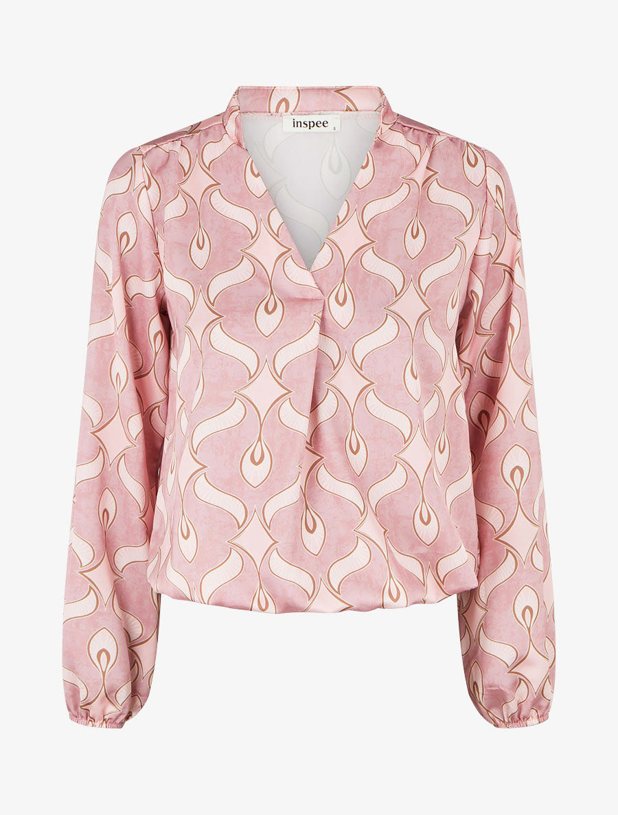 Top satiné à manches longues imprimé graphique - Rose - 1