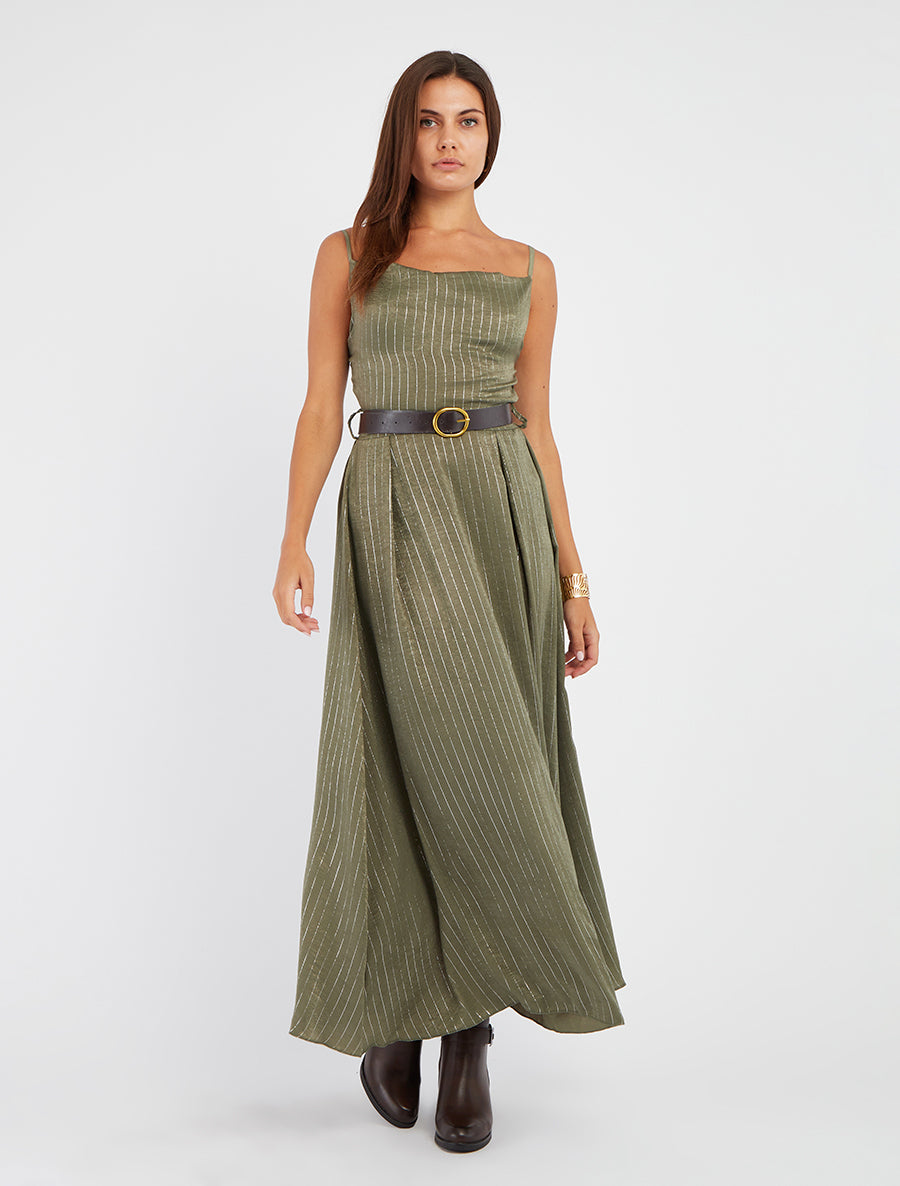 Langes Kleid mit schimmernden Streifen - Kaki