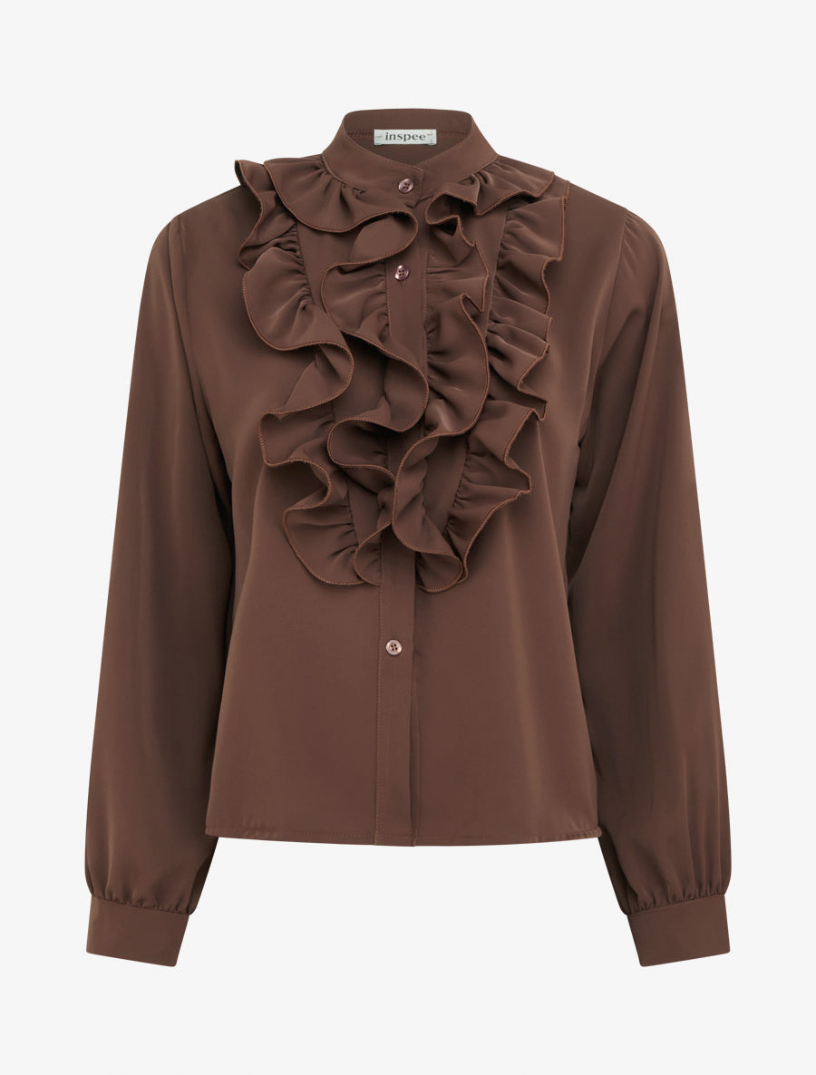 Blouse unie à col jabot - Marron - 1